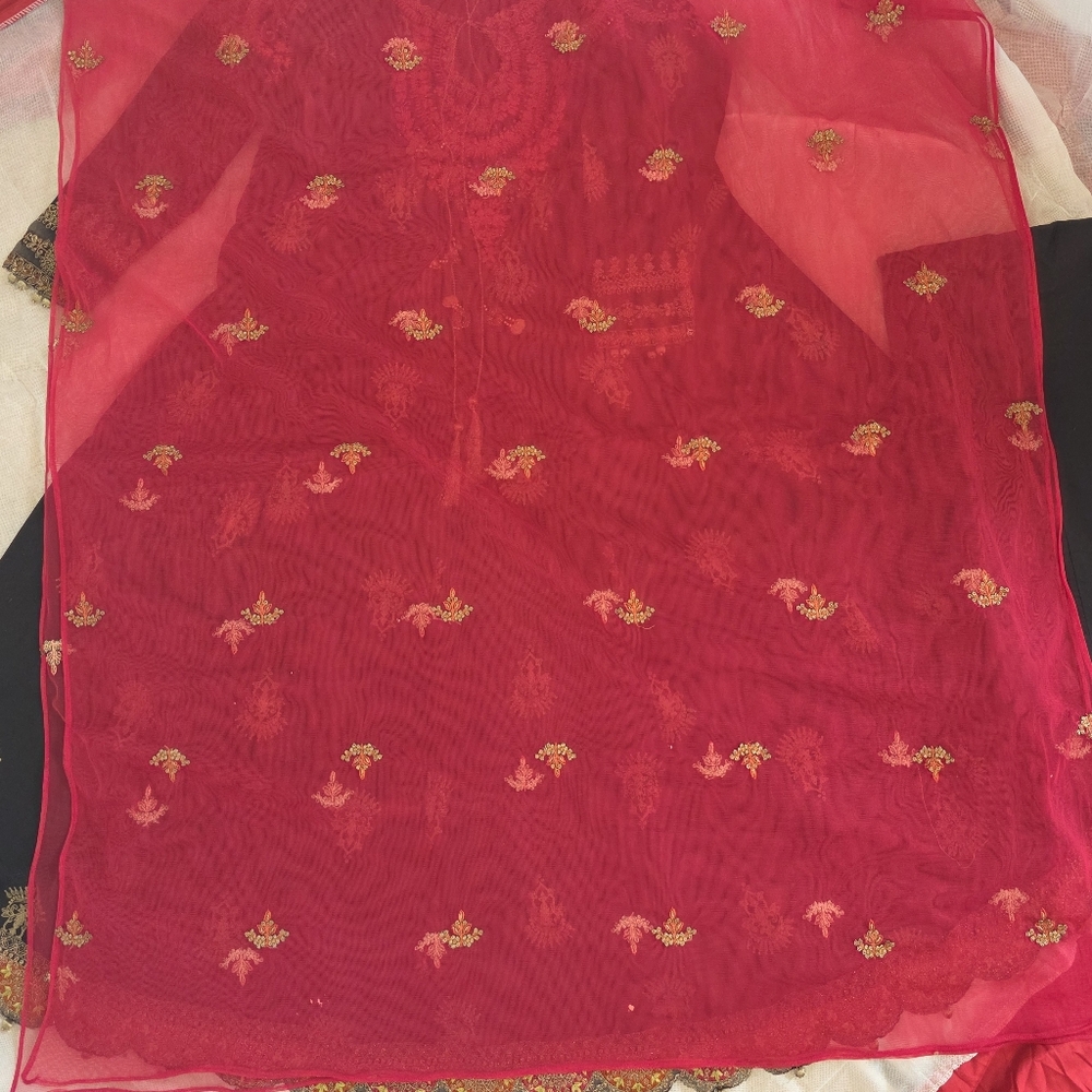 Maria B - Black and Red Embroidered Dress With Net Duppata - Festive Wear - Picture 6 of 8